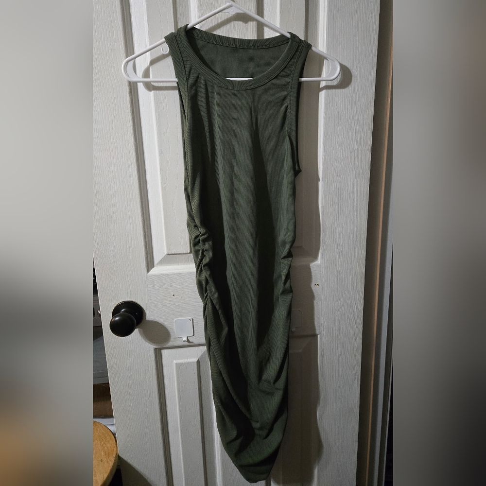 Women's S/M army green sleeveless Ruched Ribbed Short Dresses
